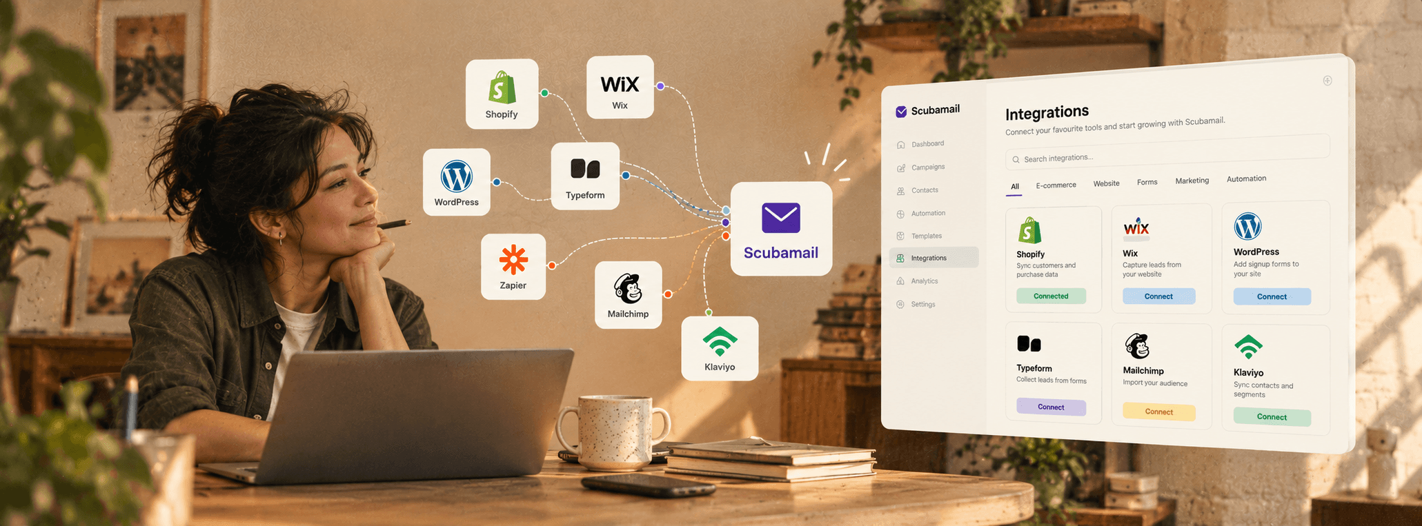 Scubamail connected to Shopify, WordPress, Zapier and other integrations
